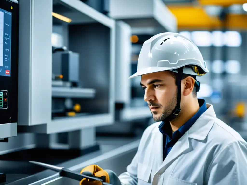 Un trabajador concentrado en una moderna fábrica, fusionando habilidades humanas con tecnología avanzada