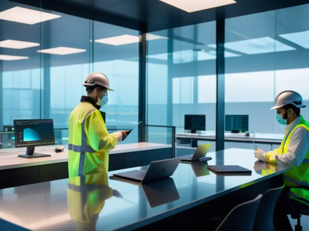 Trabajadores realizando diagnóstico calidad aire laboral con equipos avanzados en un ambiente industrial moderno y profesional