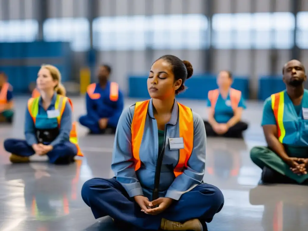 Trabajadores de fábrica participan en sesión de mindfulness, practicando respiración consciente en calidad total