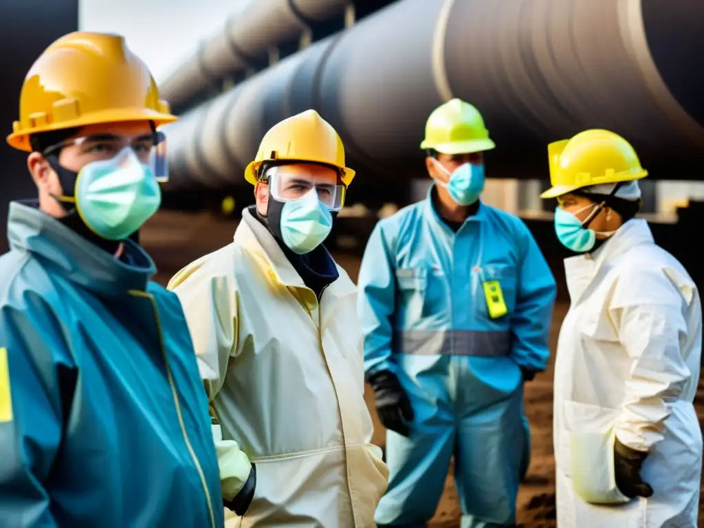 Trabajadores industriales con soluciones de protección respiratoria en ambiente contaminado