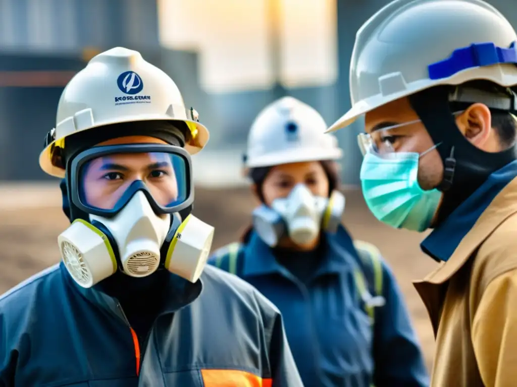 Trabajadores industriales con soluciones de protección respiratoria avanzadas, operando profesionalmente en un entorno altamente contaminado