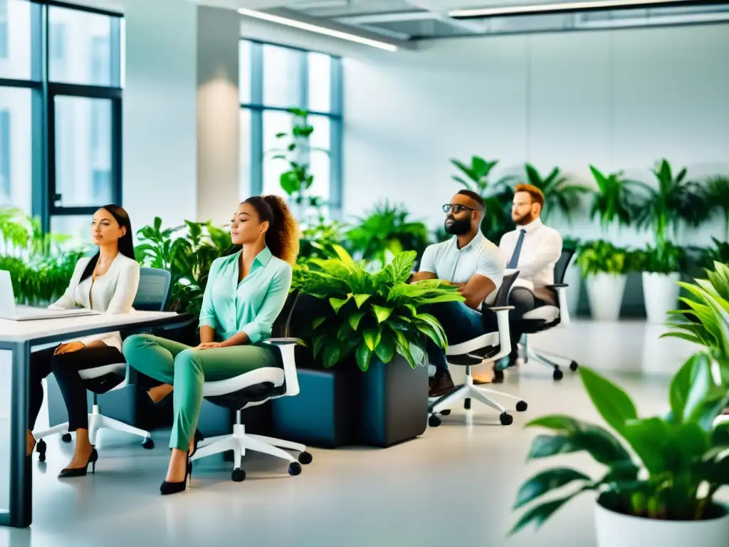 Trabajadores de oficina practican ejercicios de respiración en un espacio moderno y luminoso, rodeados de plantas verdes