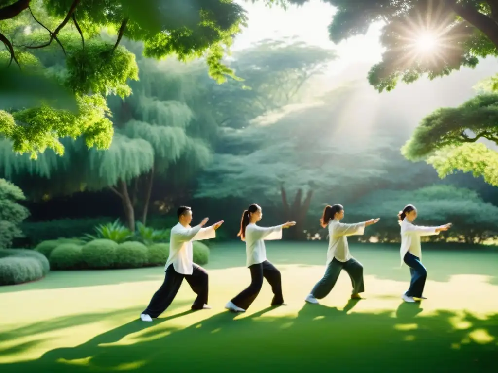 Práctica de Tai Chi en jardín tranquilo, con beneficios de respiración en Qi Gong y Tai Chi