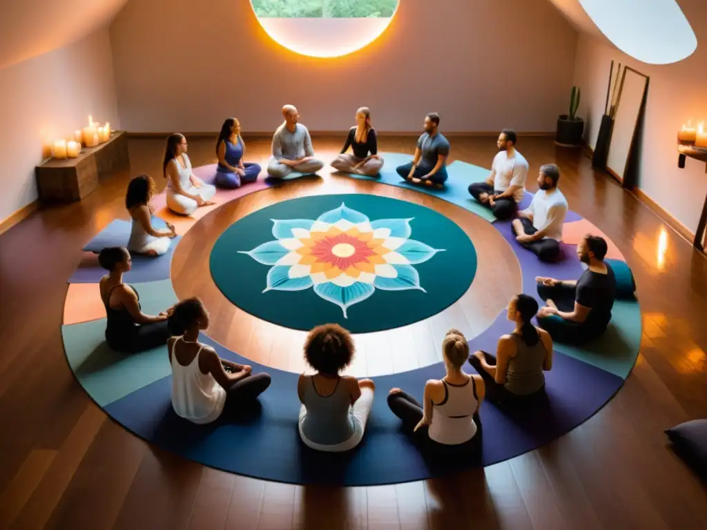 Práctica de respiración holotrópica terapia transpersonal en círculo de meditación con velas y tapices coloridos