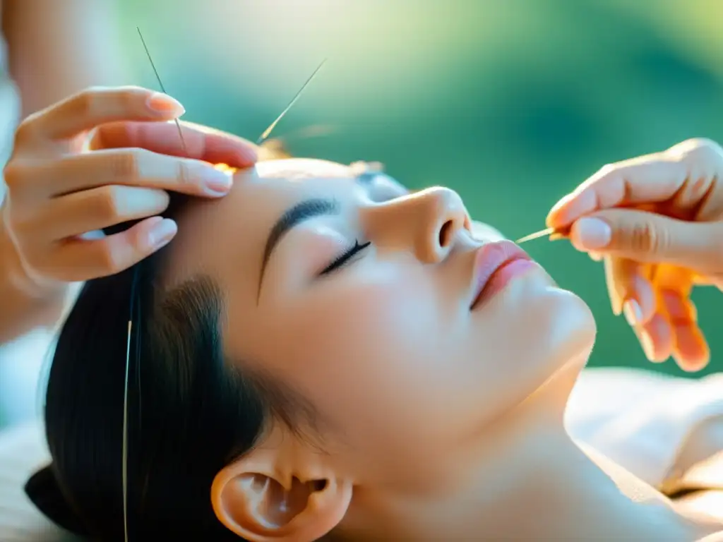 Acupuntura facial: alivio y bienestar en un entorno sereno Un tratamiento de acupuntura relajante para aliviar la congestión nasal, con agujas finas en el rostro y una atmósfera serena