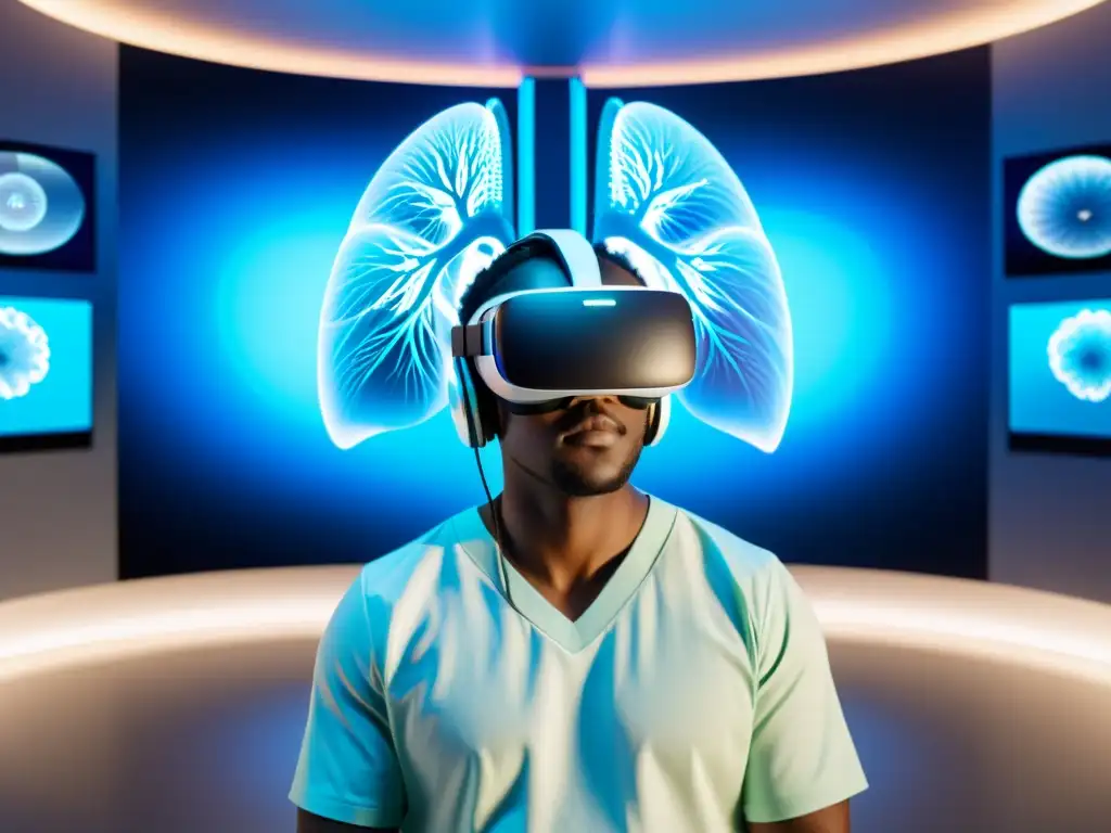 Tratamiento de asma con realidad virtual: Persona inmersa en terapia respiratoria con paisajes virtuales y tecnología futurista