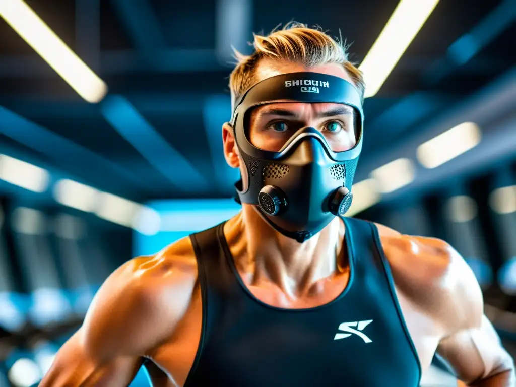 Un triatleta enfocado usando una máscara de entrenamiento respiratorio mientras corre en una cinta de correr futurista