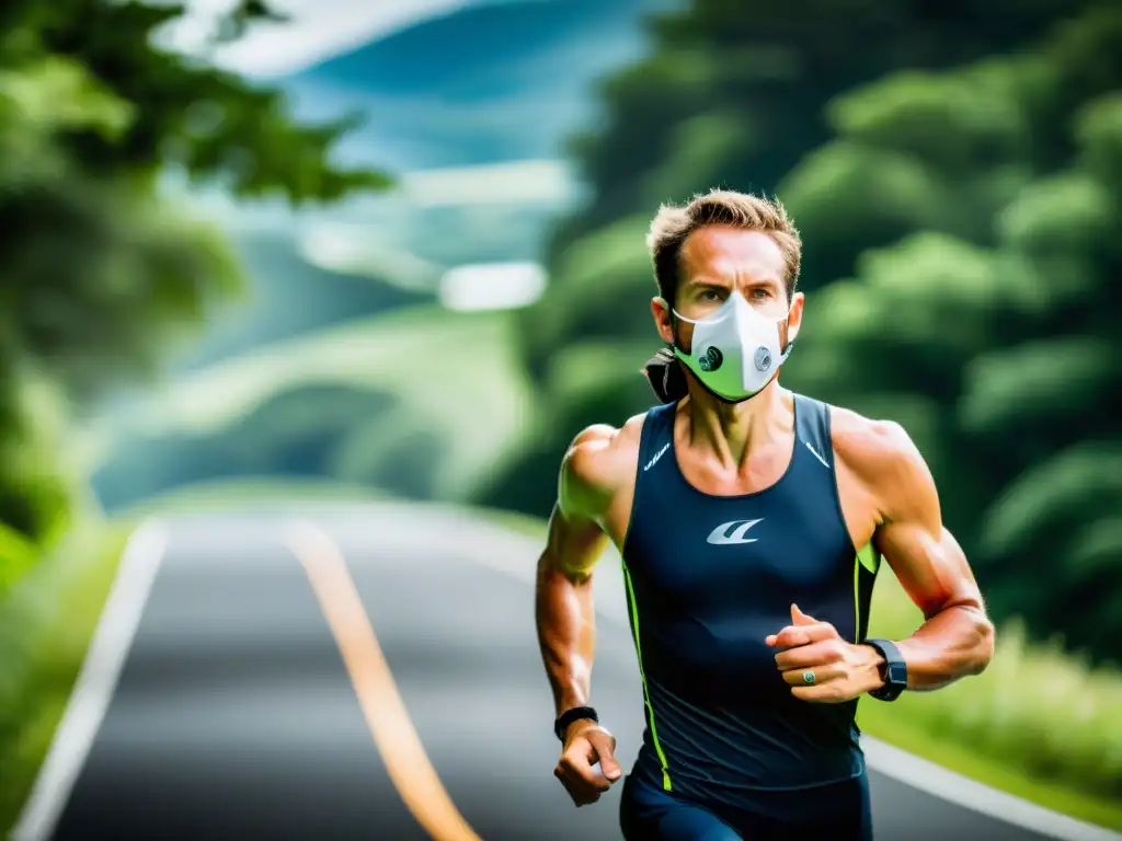 Un triatleta con máscara de entrenamiento respiratorio en una ruta escénica