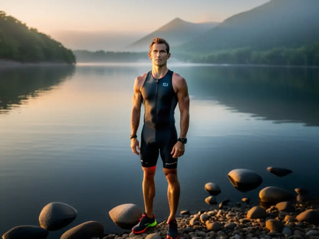 Un triatleta se prepara mentalmente en la playa antes del desafío