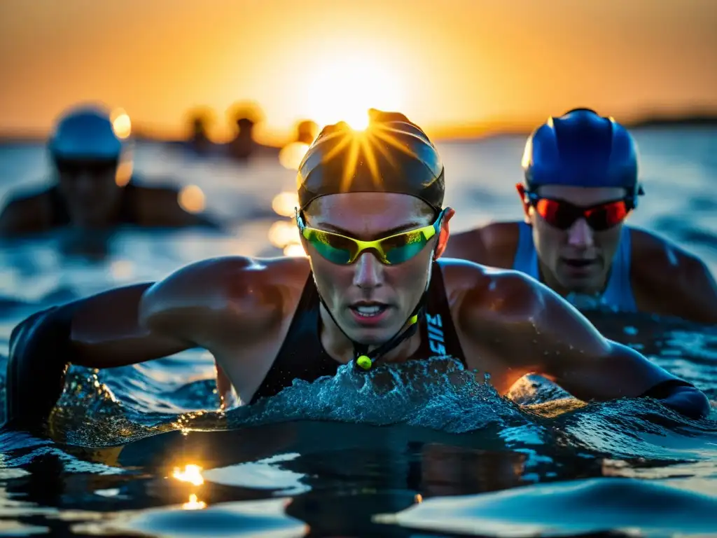 Triatletas desafiantes nadan en aguas abiertas al amanecer, con determinación y fuerza, evocando inspiración y superación para mejorar resistencia con respiración adecuada