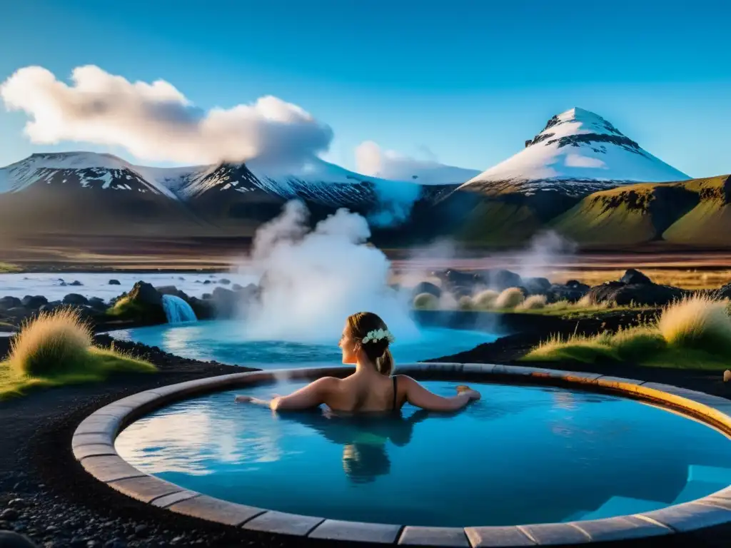 Turismo de salud respiratoria en Islandia: Geotermal spa en paisaje sereno con aguas termales y montañas nevadas