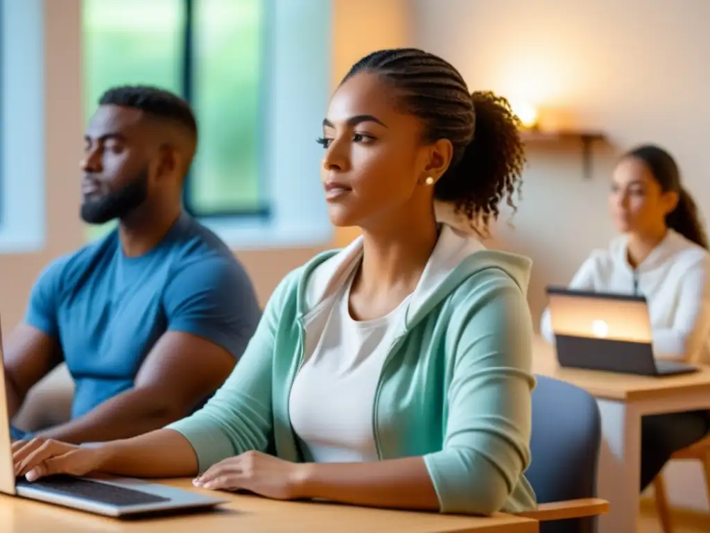 Un tutor virtual dirige una sesión de ejercicios de respiración con estudiantes diversos en un ambiente tranquilo y relajante