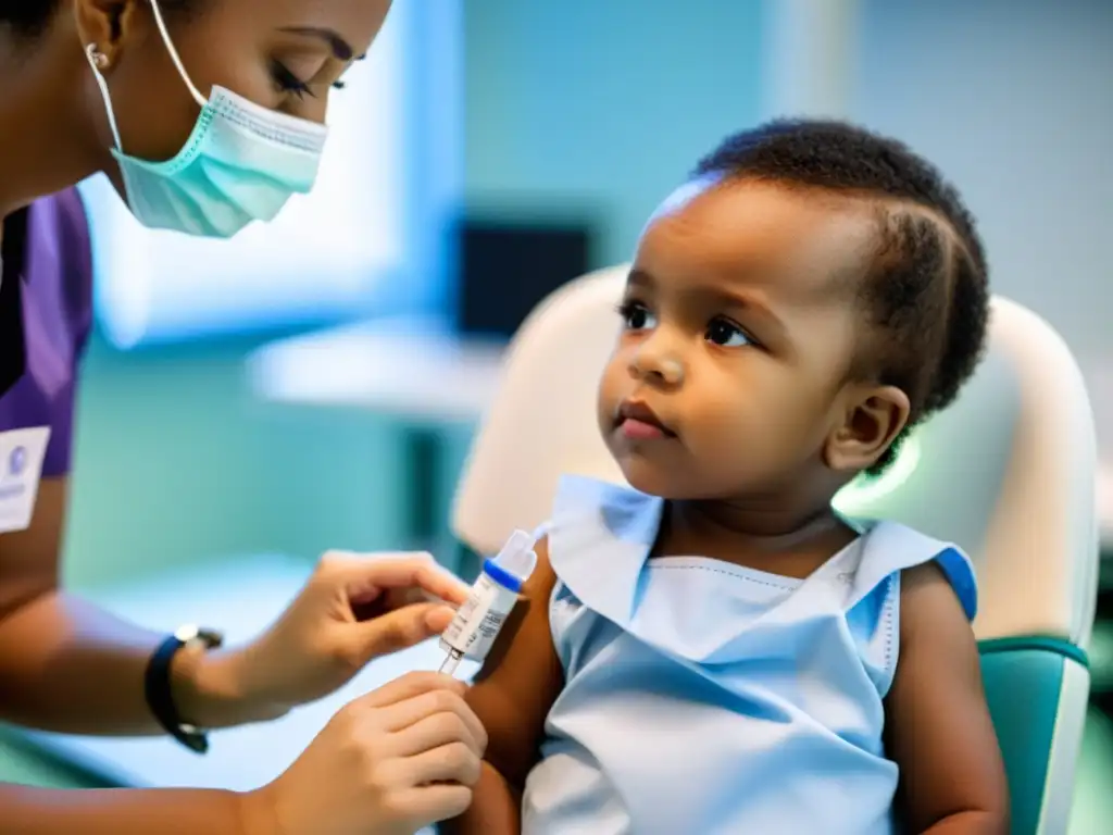 Niño recibe vacuna en centro médico moderno, transmitiendo confianza y cuidado