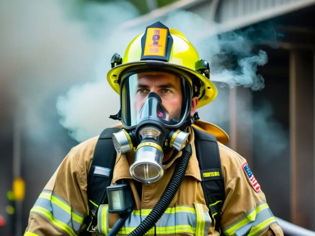 Un valiente bombero con equipo de respiración autónoma avanzado, iluminado por su linterna, en un ambiente lleno de humo