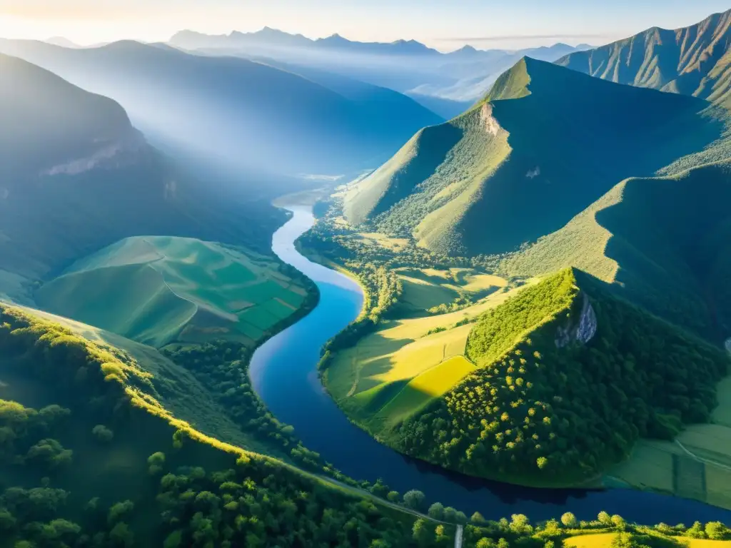 Un valle de montaña sereno y puro, bañado por la cálida luz del sol