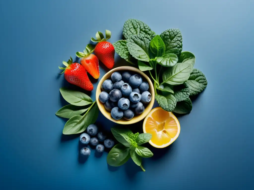 Variedad de alimentos antioxidantes como arándanos, espinacas, fresas y nueces, con colores vivos y frescura que beneficia la función pulmonar