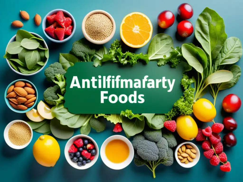 Una variedad colorida de alimentos antiinflamatorios como vegetales de hojas verdes, bayas, frutos secos y semillas, dispuestos de forma apetitosa y saludable, para una dieta antiinflamatoria para pulmones saludables