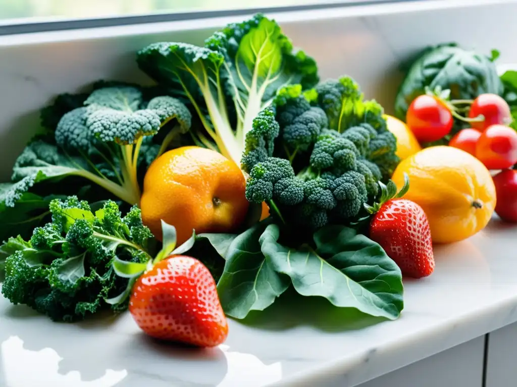 Una variedad colorida de frutas y verduras frescas, brillantes y saludables, sobre una encimera de mármol blanco