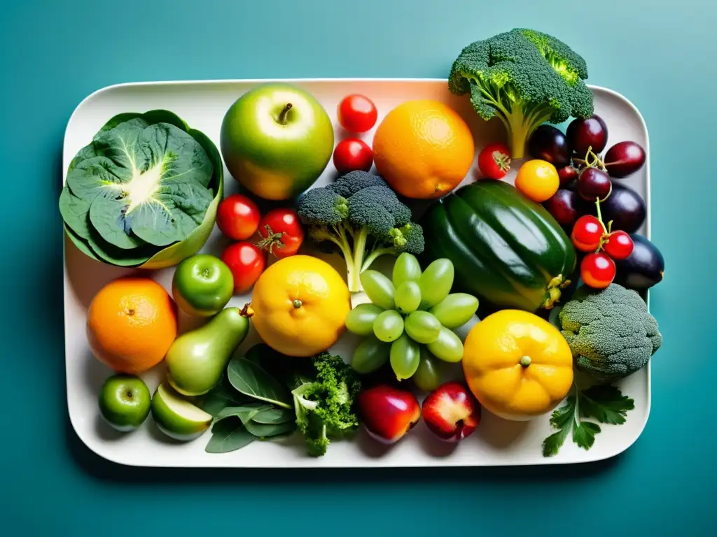 Una variedad colorida de frutas y verduras frescas en un plato moderno