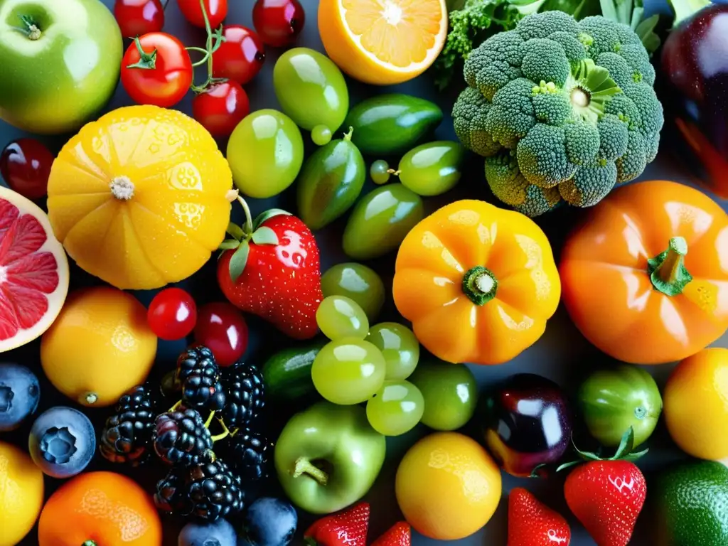 Una variedad de frutas y verduras coloridas, frescas y saludables, ideales para una alimentación para asmáticos