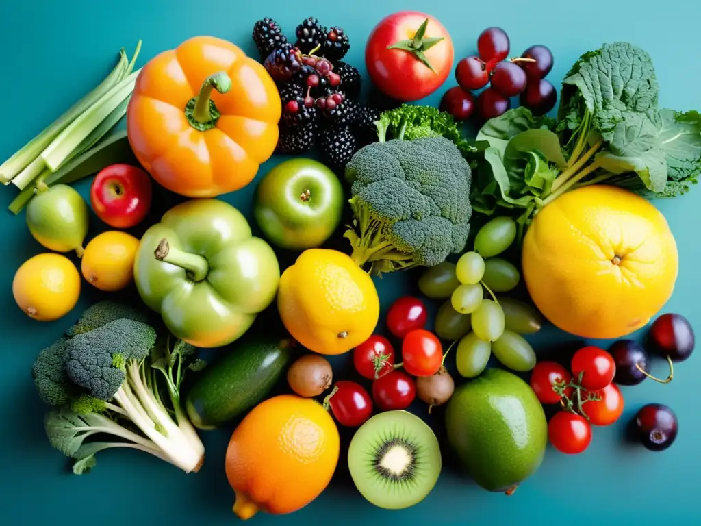 Variedad de frutas y verduras frescas y coloridas, estrategias dietéticas para EPOC