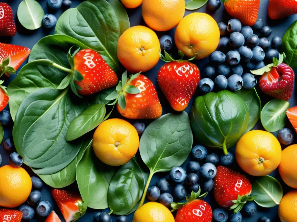 Variedad de frutas y verduras frescas en un círculo, goteando vitalidad, esenciales para respiración celular