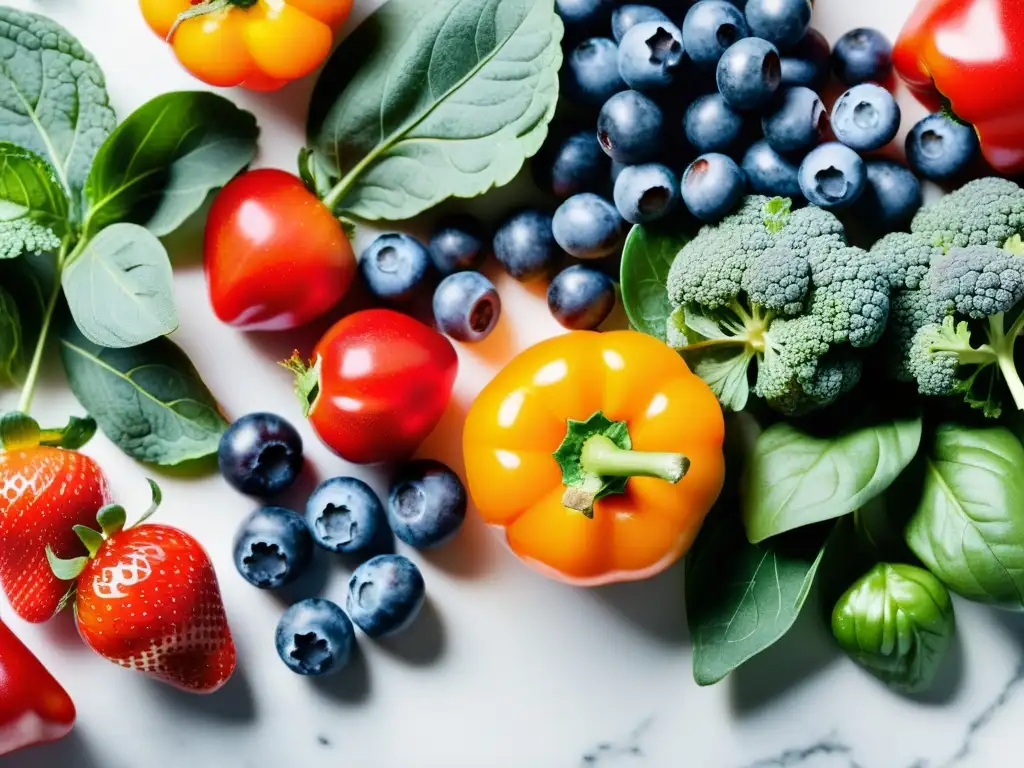 Variedad vibrante de alimentos antioxidantes como arándanos, espinacas y pimientos rojos sobre tabla de mármol blanco, promoviendo la función pulmonar