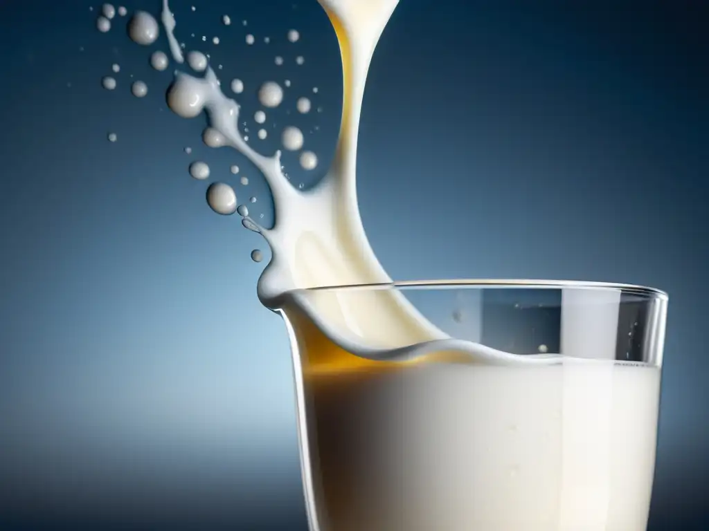 Un vaso de leche con gotas de condensación, en un ambiente moderno y minimalista