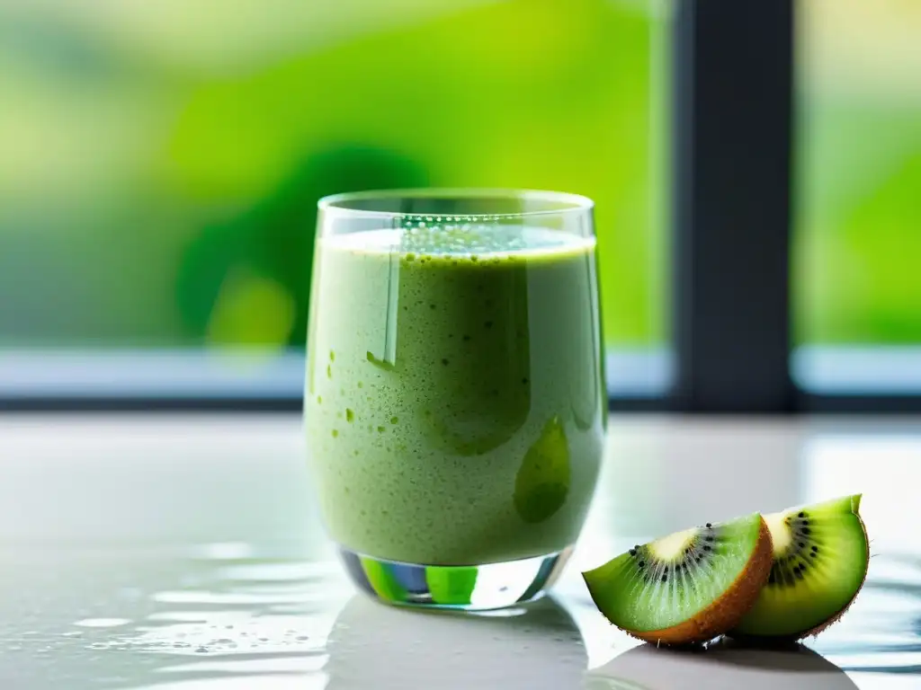 Un vaso moderno con un vibrante batido verde, adornado con semillas de chía y kiwi, en una cocina luminosa