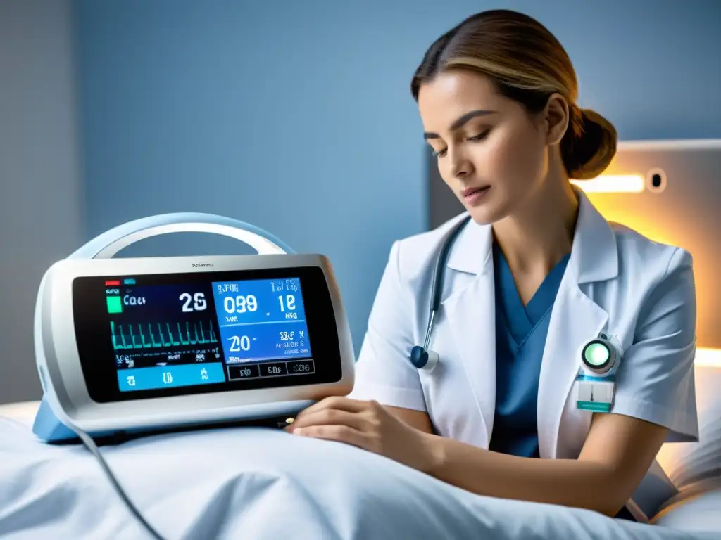 Ventilador portátil inteligente en hospital, ambiente sereno y atención médica avanzada