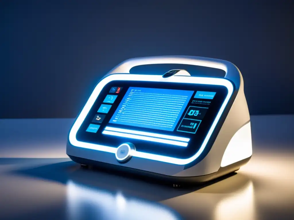 Un ventilador portátil inteligente en un entorno de atención médica minimalista, con iluminación LED suave