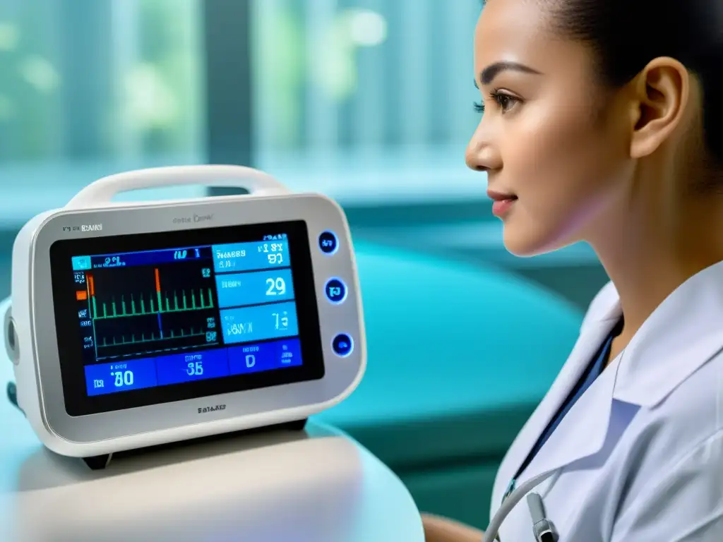 Un ventilador portátil inteligente en un entorno médico moderno, con un profesional de la salud ajustando los controles con confianza