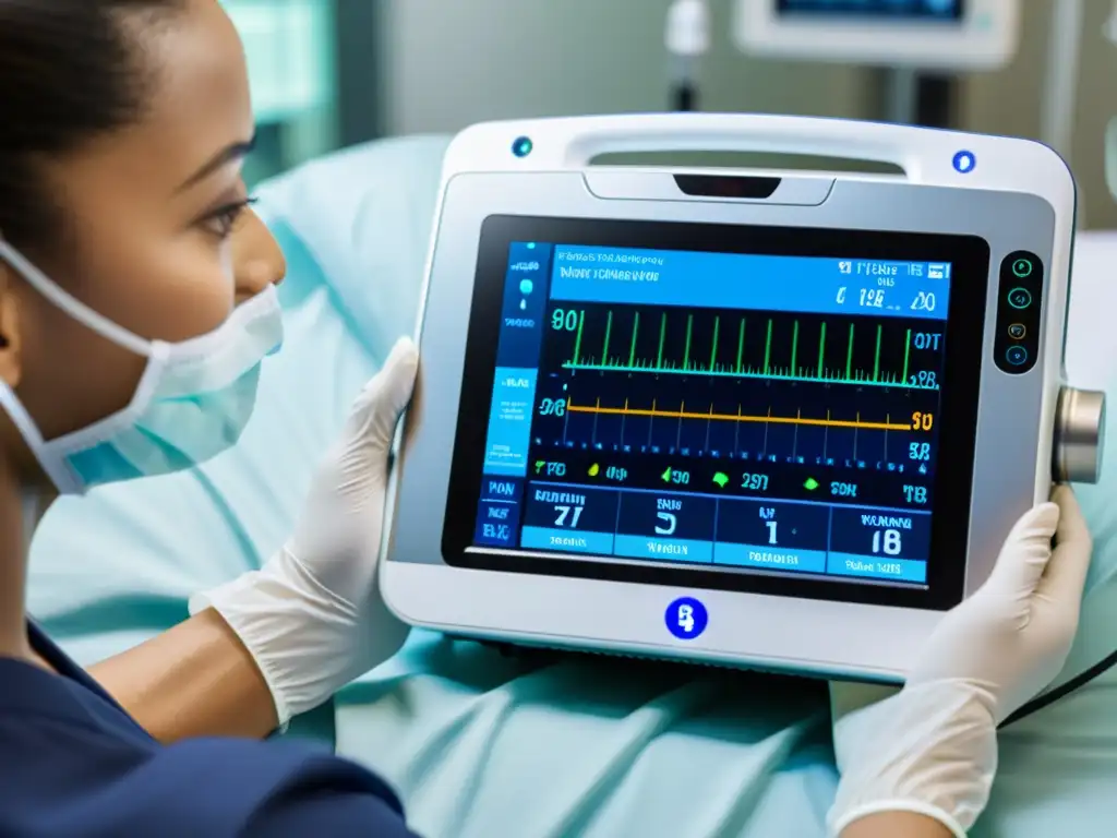 Un ventilador portátil inteligente en un entorno hospitalario moderno, rodeado de profesionales médicos ajustando y monitoreando el dispositivo