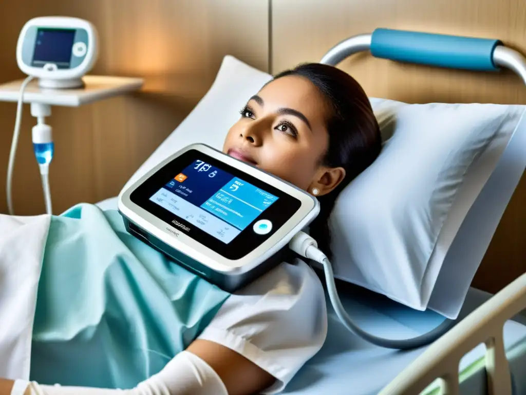 Un ventilador portátil inteligente en uso médico, destacando su diseño futurista y su vital función en la atención médica moderna