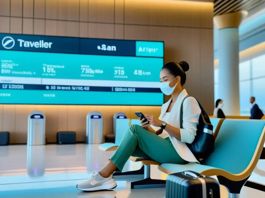 Un viajero preparado y decidido en una moderna sala de espera del aeropuerto, utilizando un purificador de aire portátil y una app de viajes, demostrando el manejo de alergias en viajes