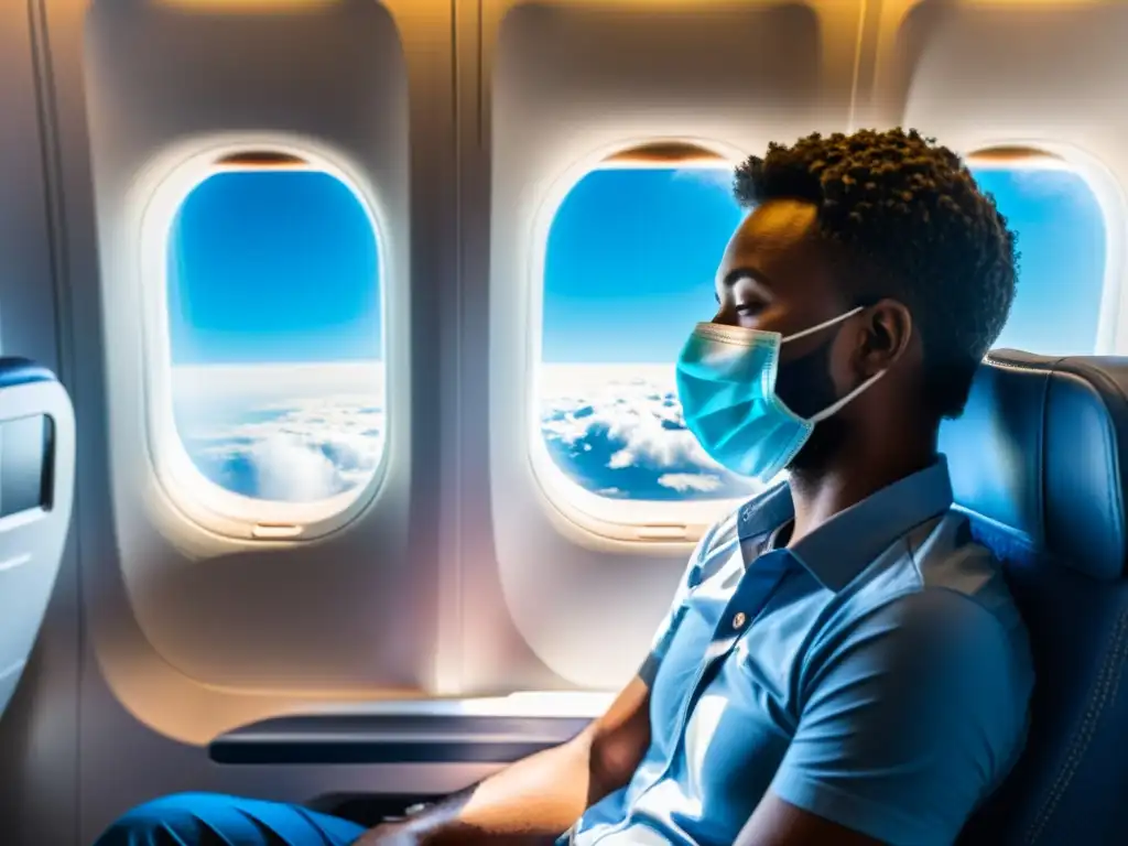 Un viajero reflexivo respira profundamente junto a la ventana del avión, con luz brillante y nubes esponjosas