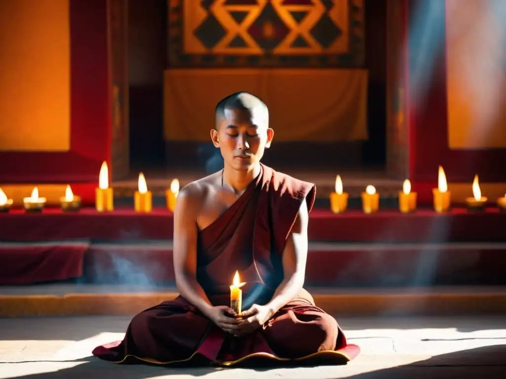 Meditación tibetana vibración aliento: Imagen serena de un monje tibetano meditando en un templo iluminado por velas, incienso y luz cálida