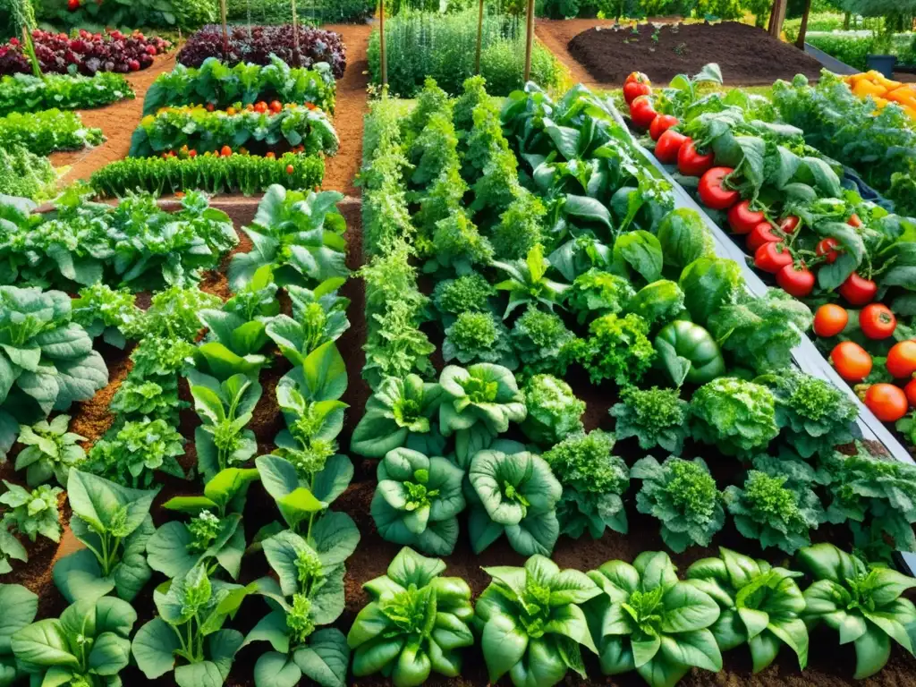 Un jardín vibrante y detallado con verduras frescas, tomates maduros y pimientos coloridos