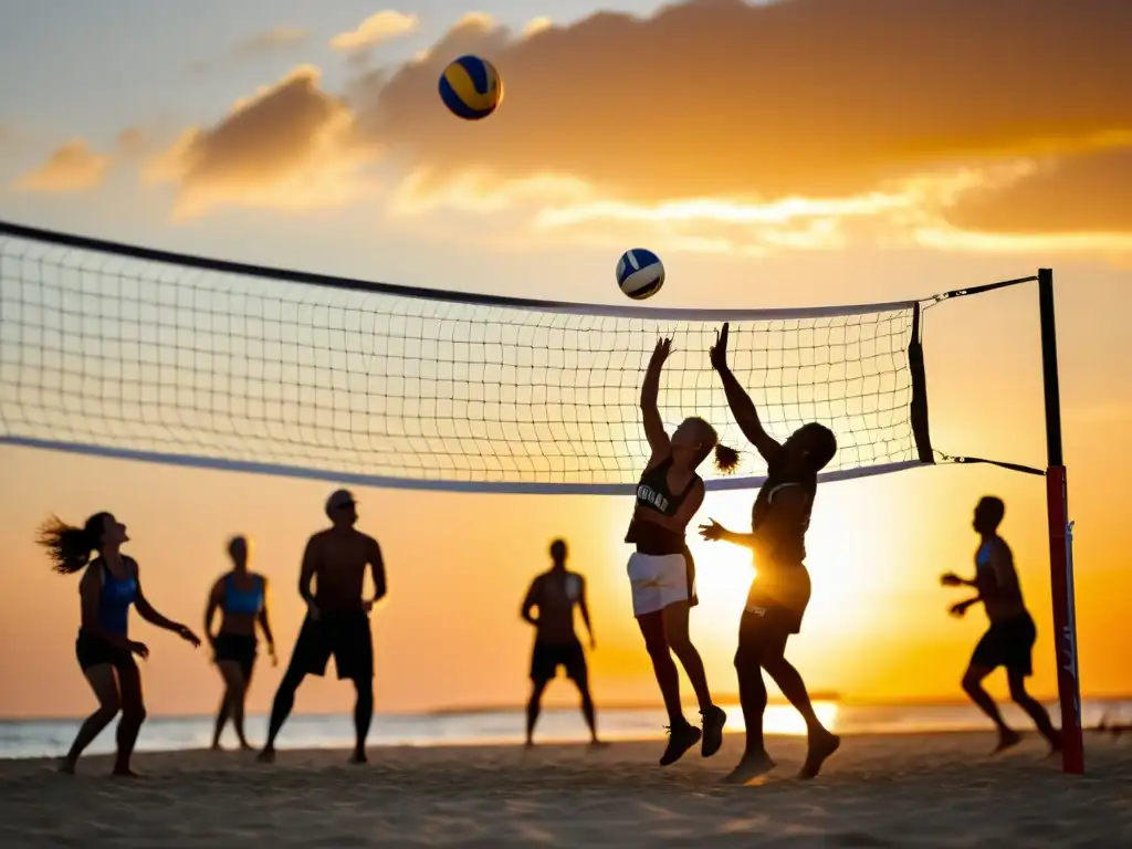 Un vibrante juego de voleibol playero con personas mayores disfrutando de actividades físicas para mayores de 60 años en un atardecer espectacular