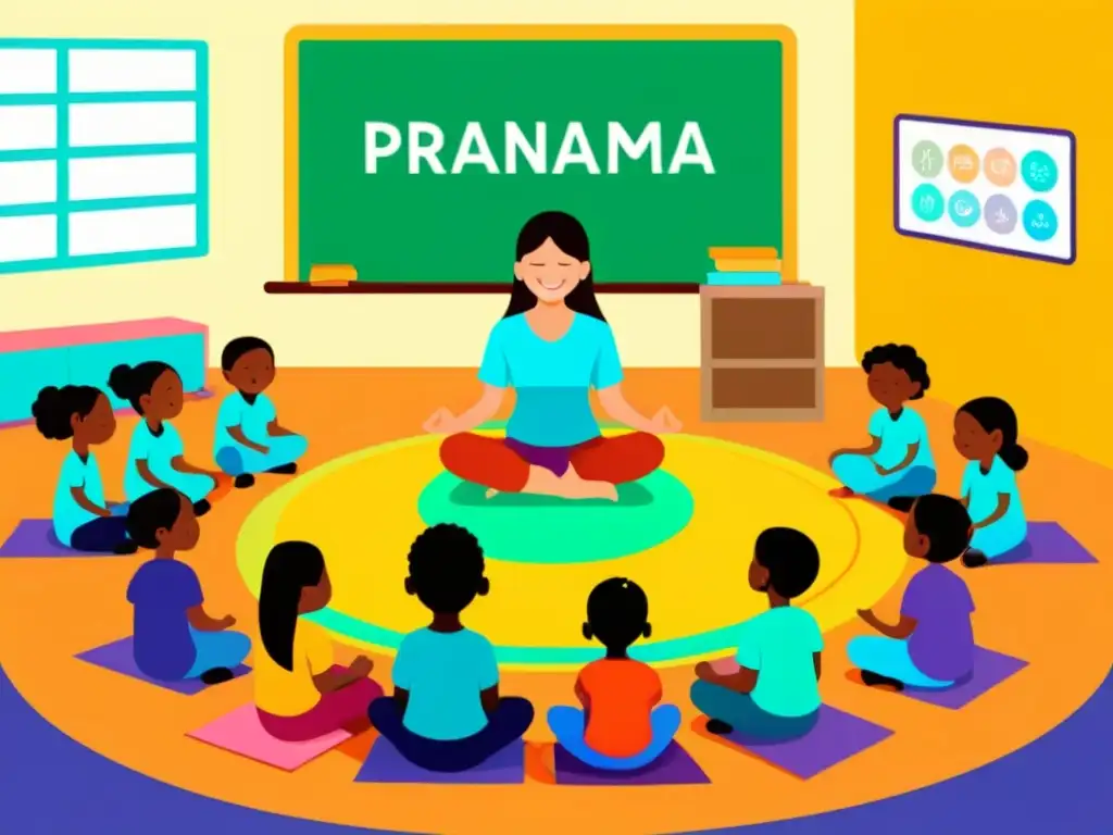 Vibrante ilustración de niños practicando pranayama en clase, con colores llamativos y atmósfera relajante