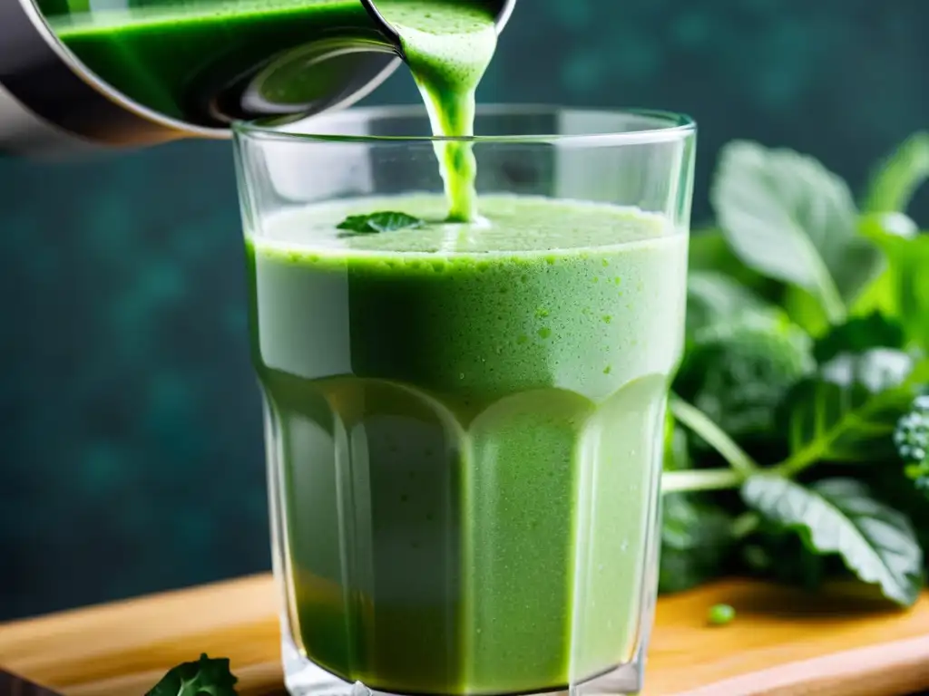 Un vibrante smoothie verde se vierte en un vaso, con ingredientes frescos como kale, espinaca y apio claramente visibles