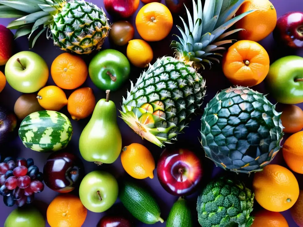 Exuberante variedad de frutas y verduras frescas en un círculo vibrante Una vibrante variedad de frutas y verduras frescas en un arreglo circular, con colores intensos y texturas detalladas