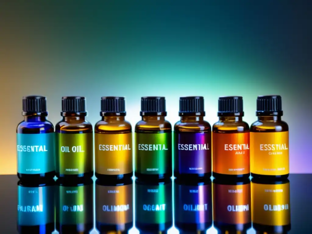 Vibrantes aceites esenciales en modernos frascos de vidrio, reflejando luz y pureza