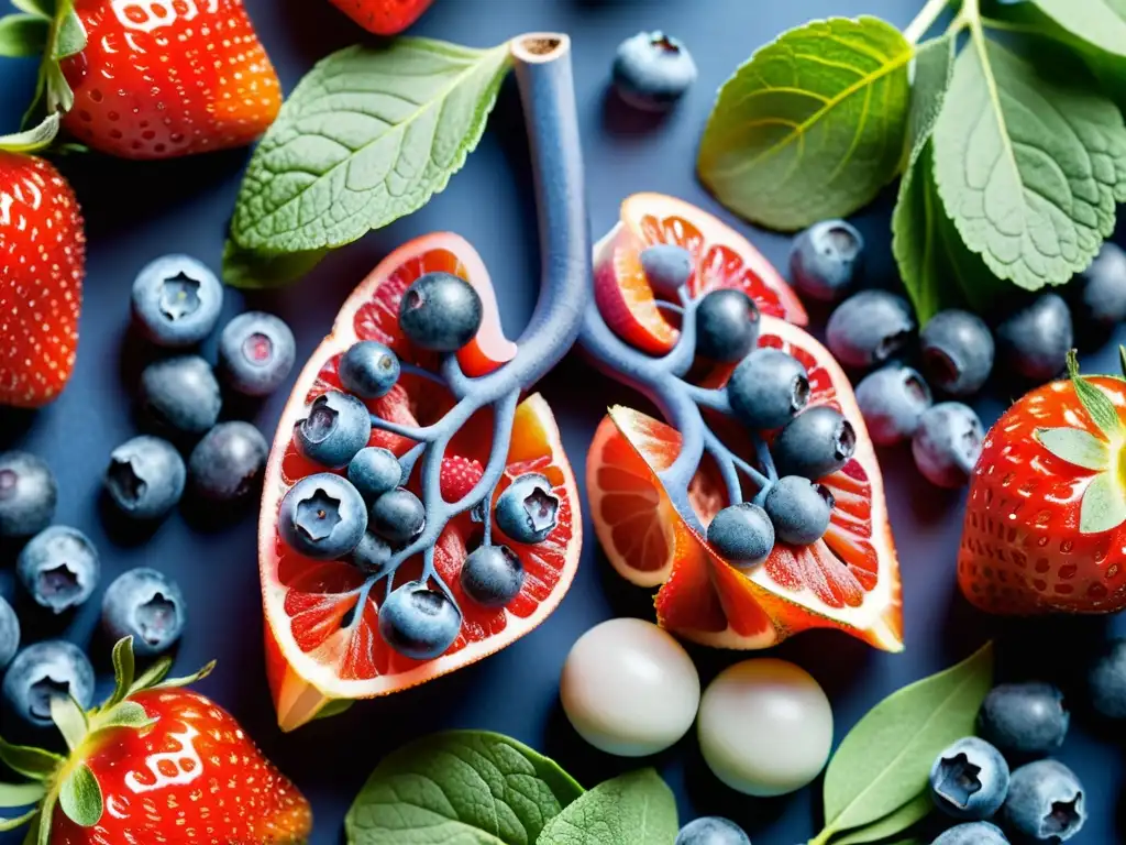 Vibrantes antioxidantes rodean detallados pulmones sanos, destacando la importancia antioxidantes en respiración