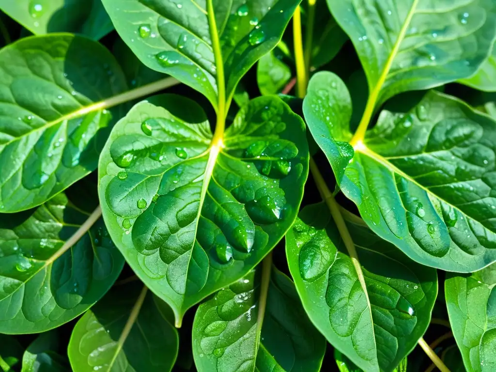 Vibrantes hojas verdes de espinaca con gotas de rocío, en un patrón circular