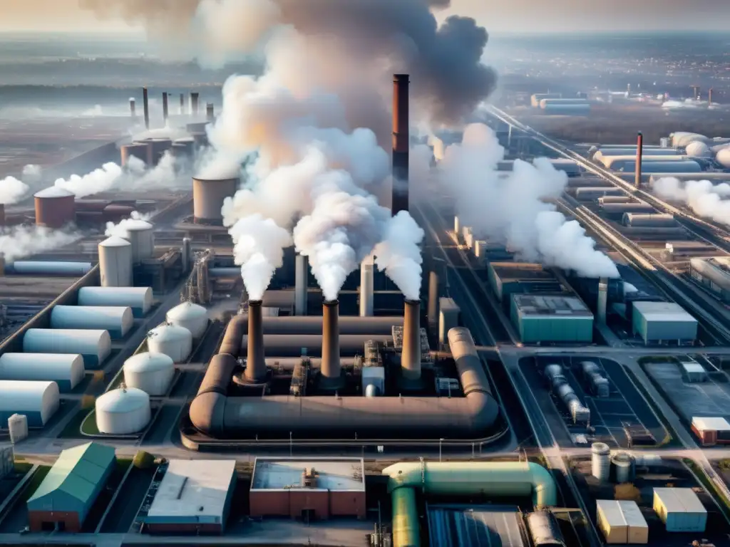 Contaminación industrial: impacto ambiental y smog en la ciudad Vista aérea de área industrial densamente poblada con chimeneas humeantes y una capa de smog