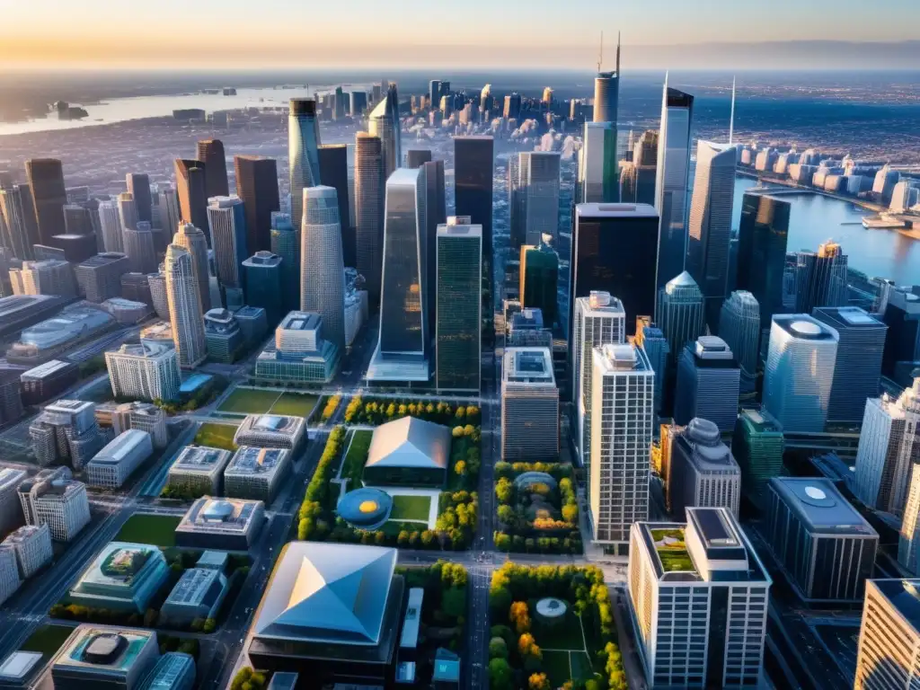 Vista aérea de ciudad con skyscrapers, calles concurridas y estaciones de monitoreo de calidad del aire urbano