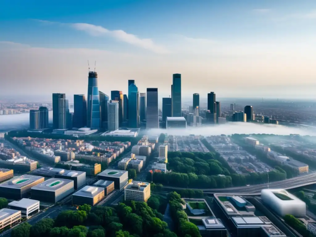 Vista aérea de una ciudad moderna con estaciones de monitoreo de calidad del aire, mostrando la integración de tecnología y urbe