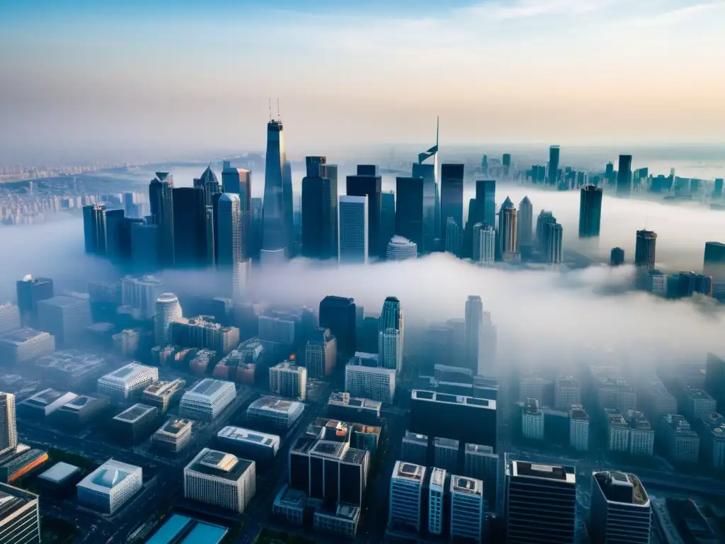 Vista aérea de una ciudad urbana con smog, tráfico y rascacielos