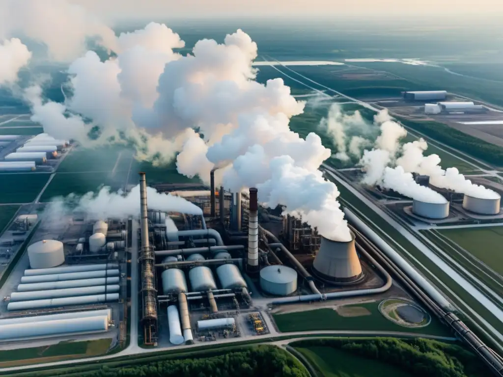 Complejo industrial: contraste y impacto ambiental Una vista aérea de complejo industrial con chimeneas humeantes y vapor